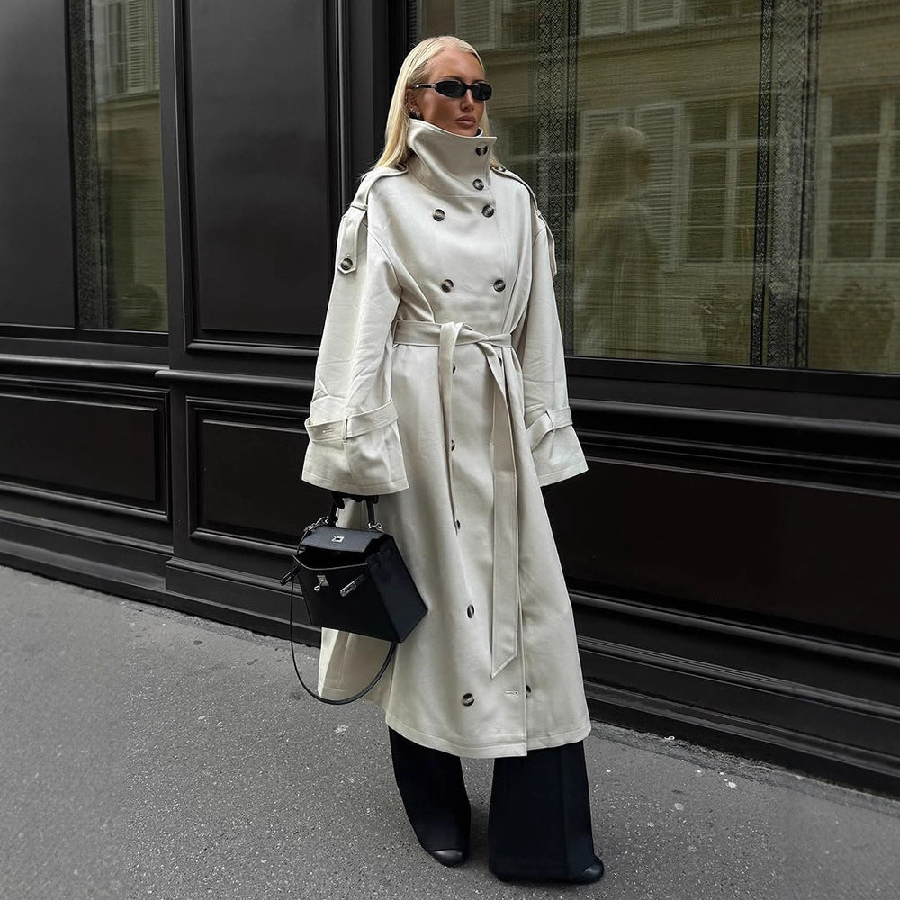 Women's Belted Trench Coat with High Collar