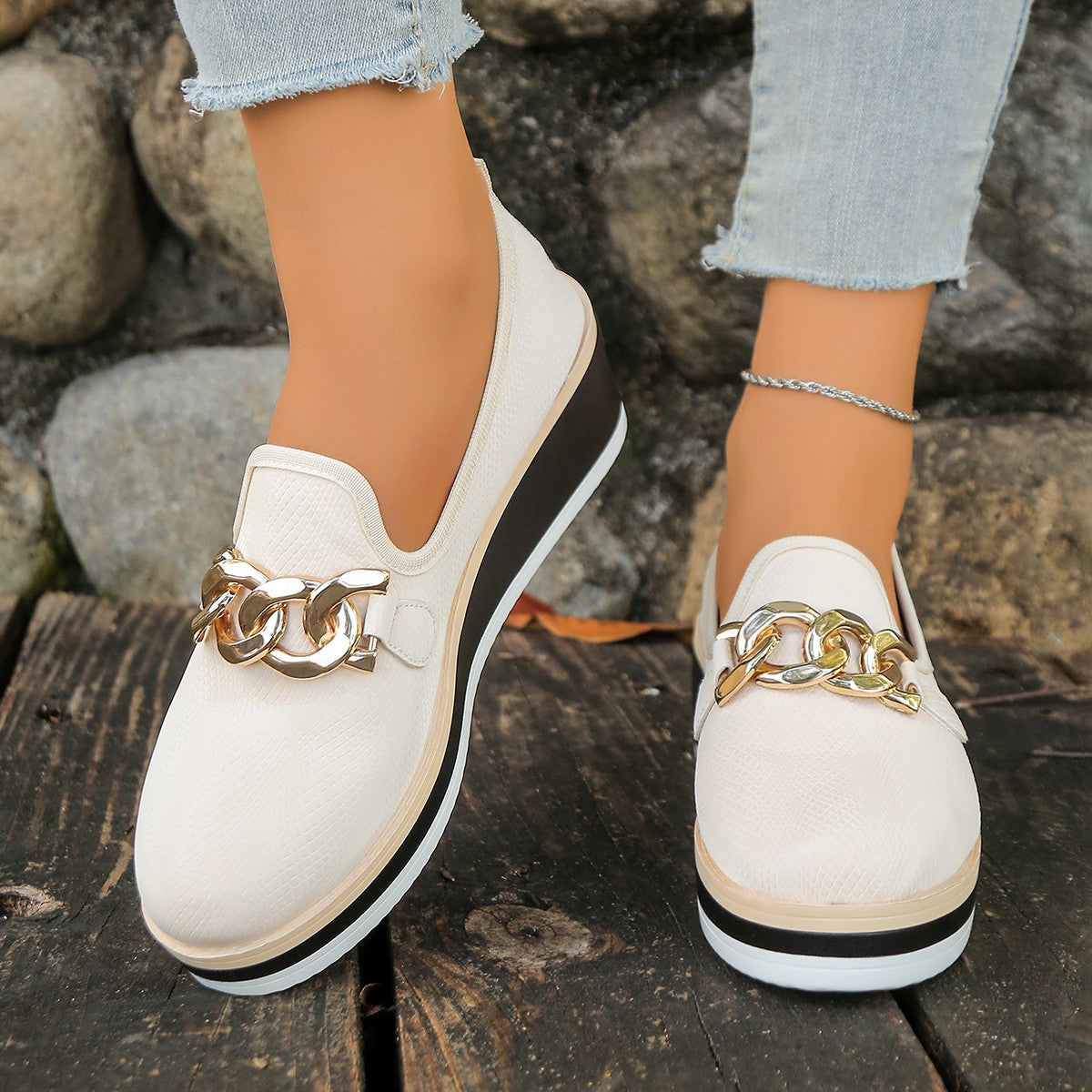 Women's Chain Detail Platform Loafers Slip-On