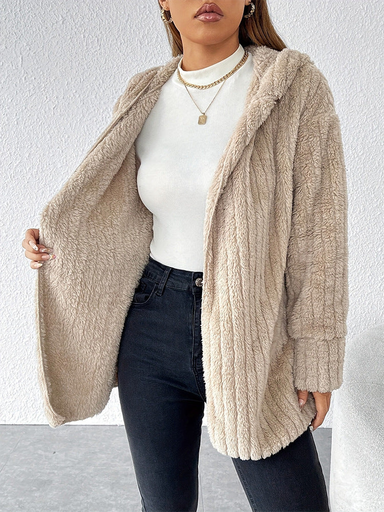 Marzia Hooded Ribbed Plush Fleece Jacket