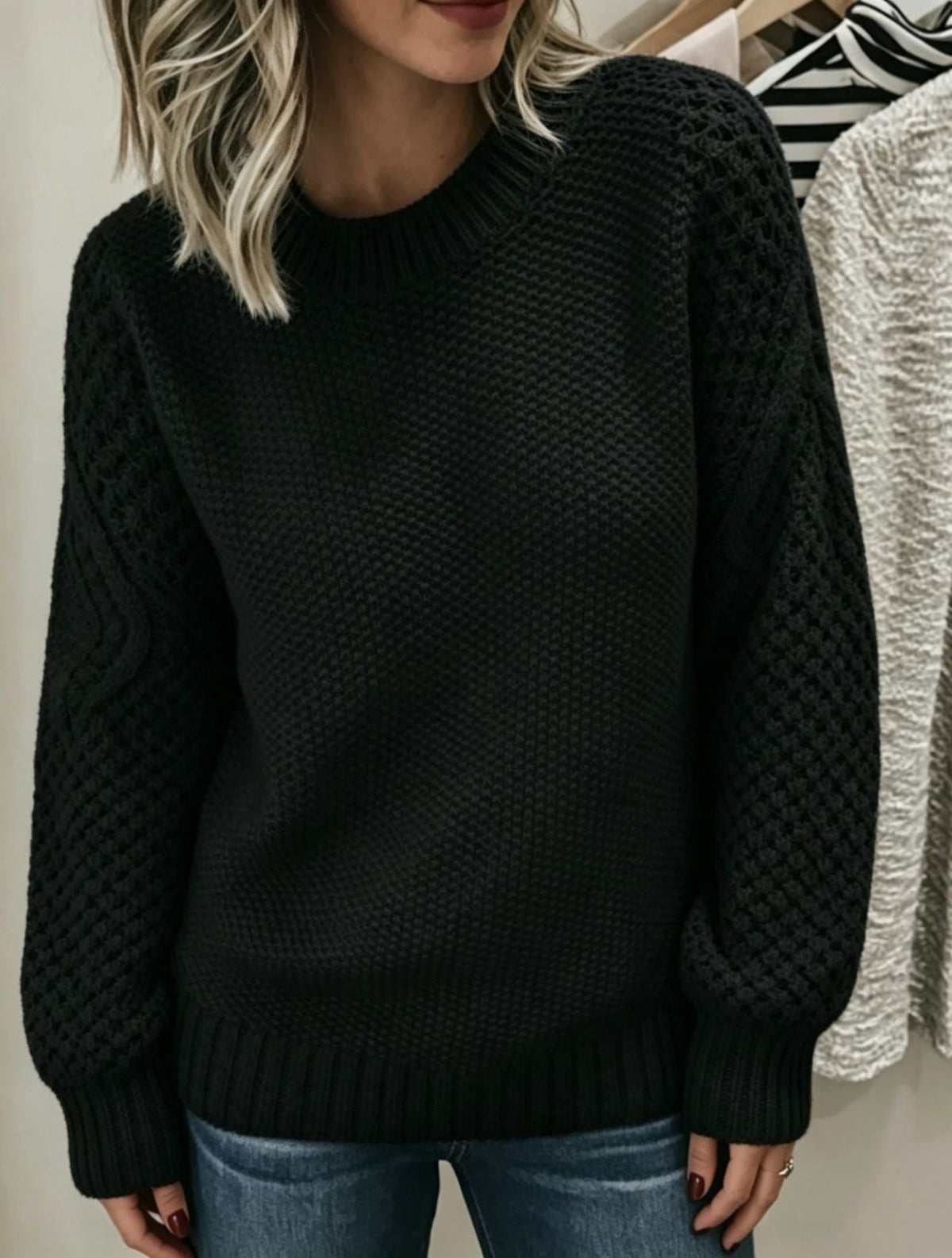 Women's Cable-Knit Sweater with Open-Knit Sleeves