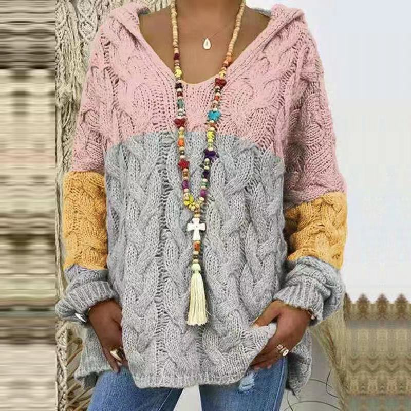 Women's Oversized Cable Knit Hooded Sweater V-Neck