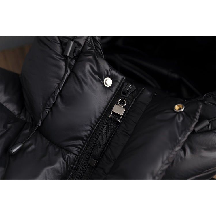 Women's Puffer Jacket with Down Filling and Longline Cut | Hood, Zip Closure, Pockets | For Winter | Size S-2XL | Black