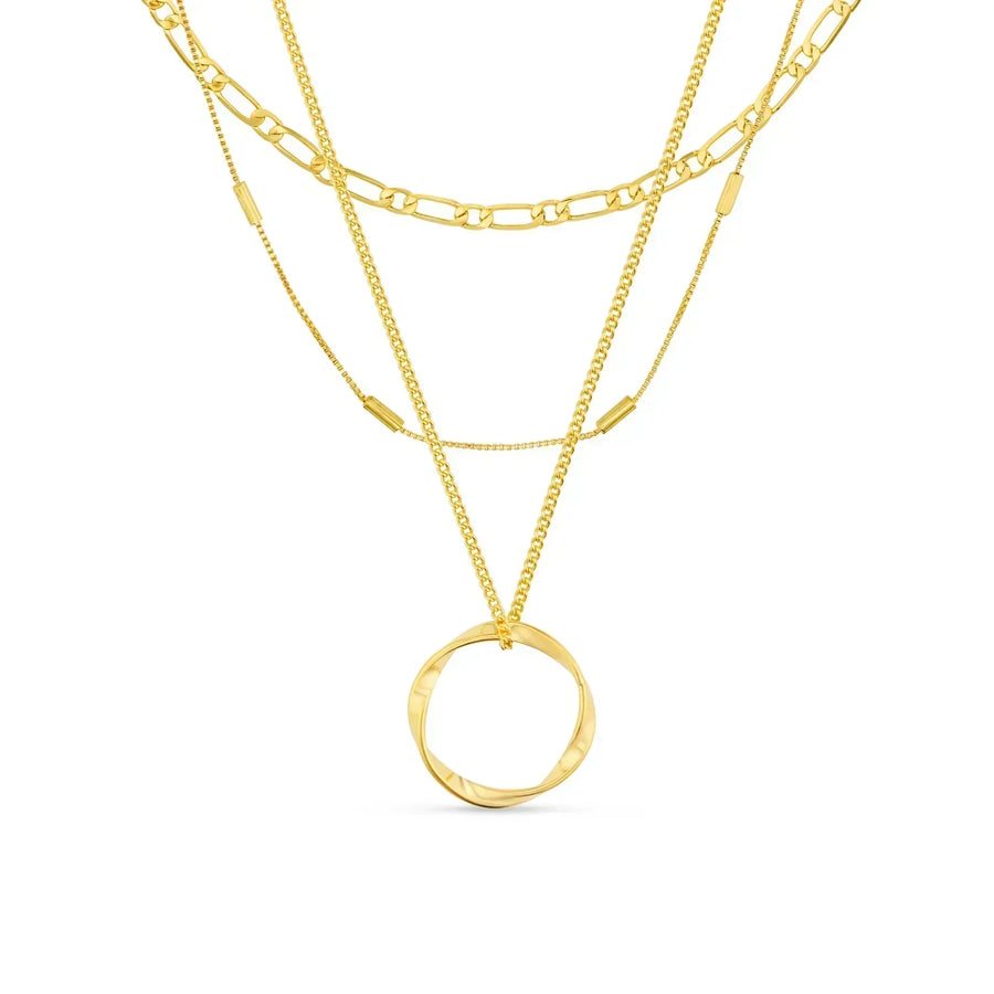 Gold Circle Necklace Three Row Layered Delicate Statement Jewelry