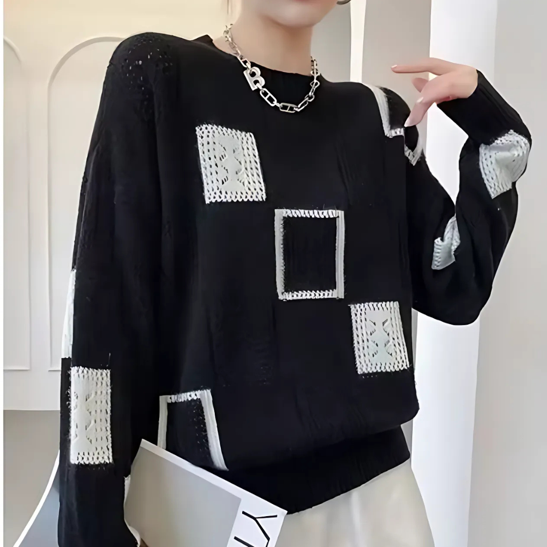 Women's Geometric Patchwork Crew Neck Sweater, Long Sleeves