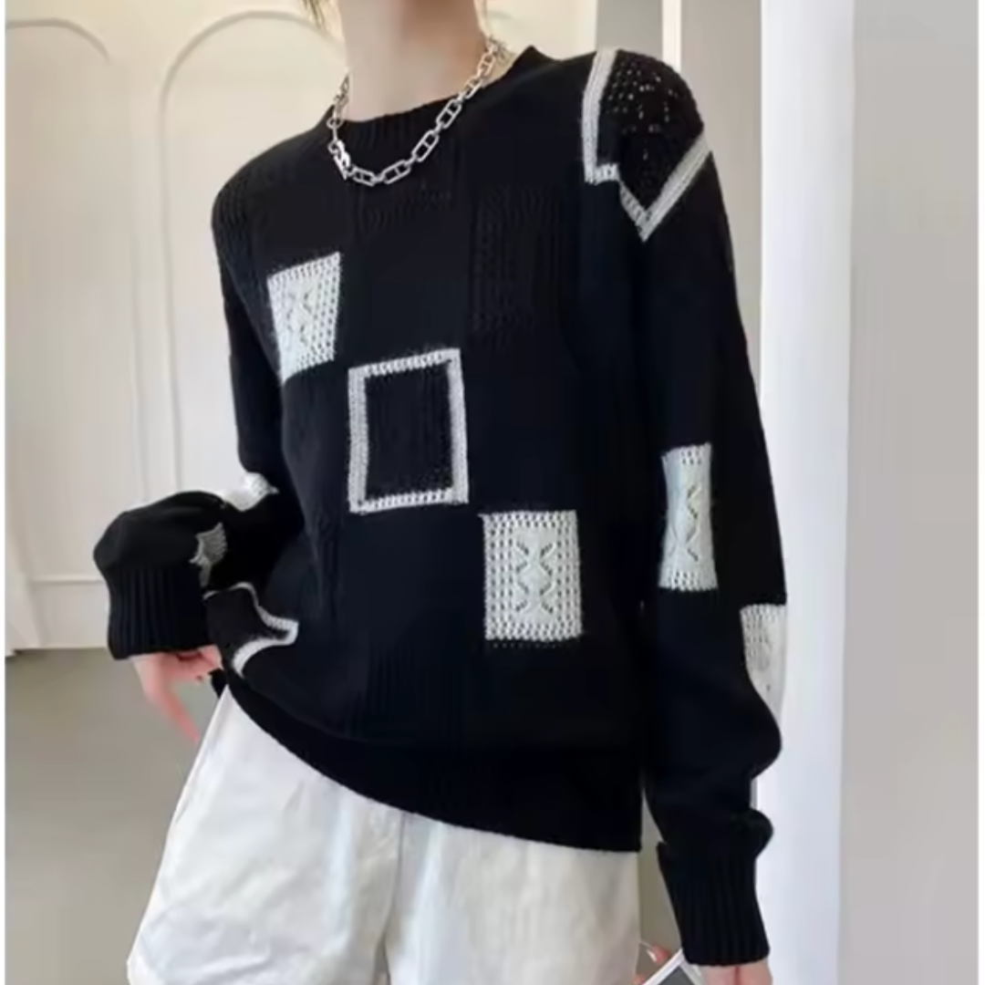 Women's Geometric Patchwork Crew Neck Sweater, Long Sleeves