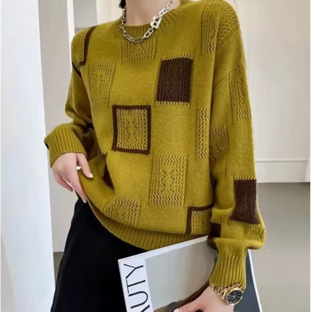 Women's Geometric Patchwork Crew Neck Sweater, Long Sleeves