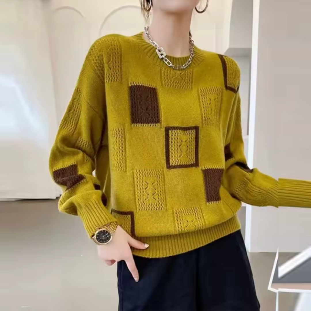 Women's Geometric Patchwork Crew Neck Sweater, Long Sleeves
