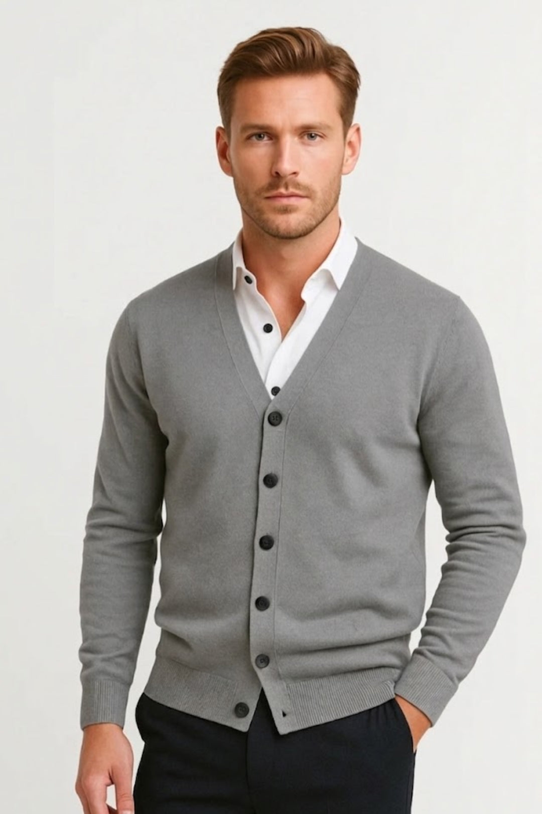 Men's Grey Button-Front V-Neck Cardigan, Slim Fit, Long Sleeves