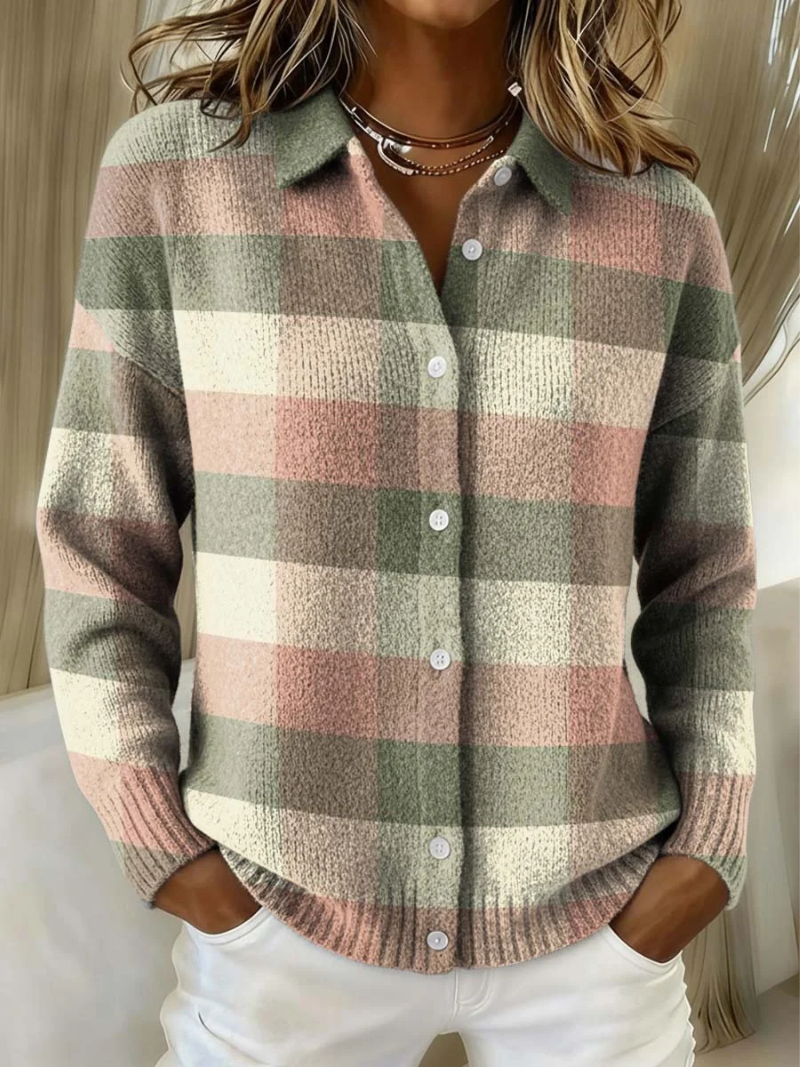 Women's Plaid Cardigan, Collared Neck, Long Sleeves, Button Front
