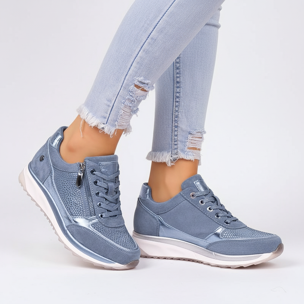 Women's Lace-Up Sneakers, Metallic Panels, Side Zipper