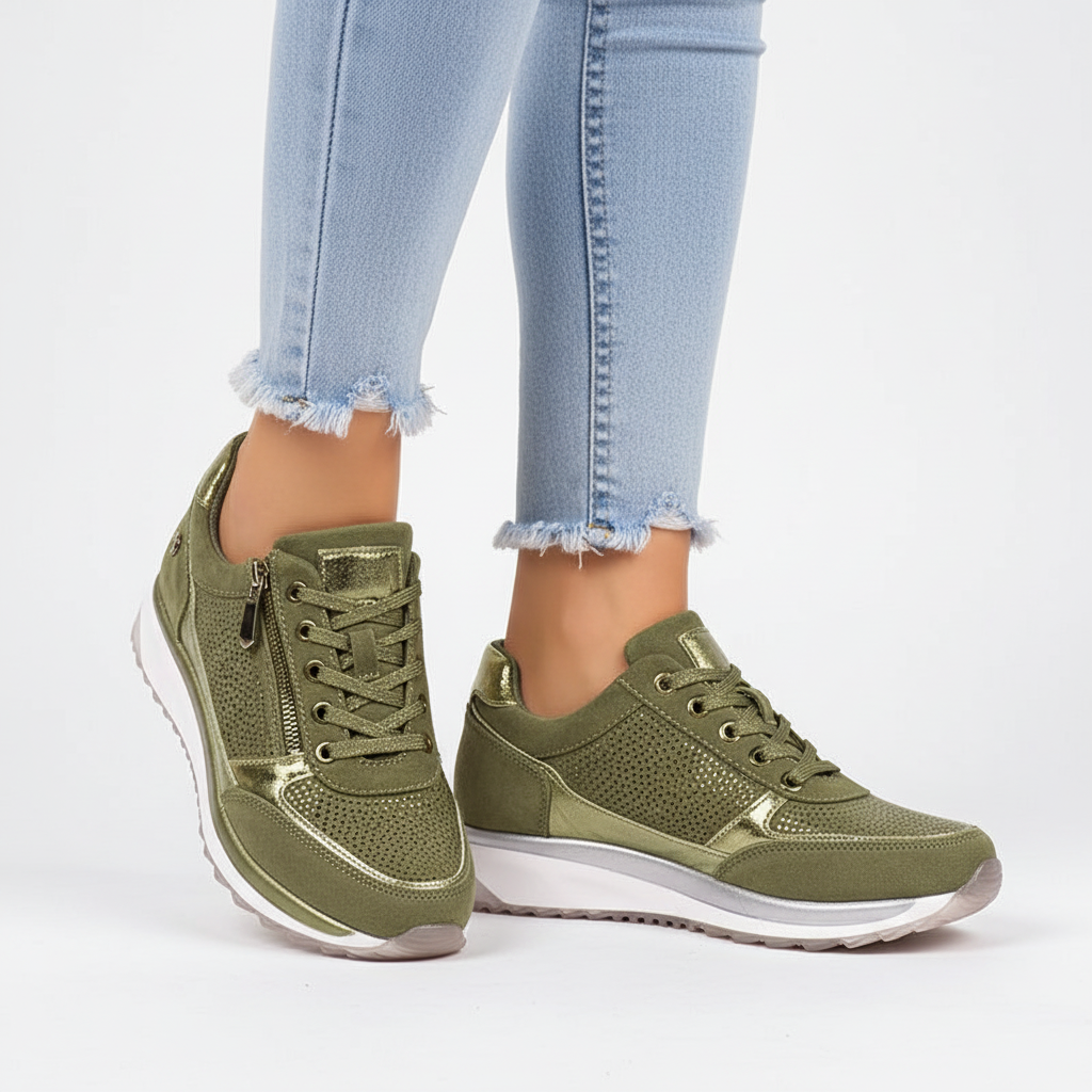 Women's Lace-Up Sneakers, Metallic Panels, Side Zipper