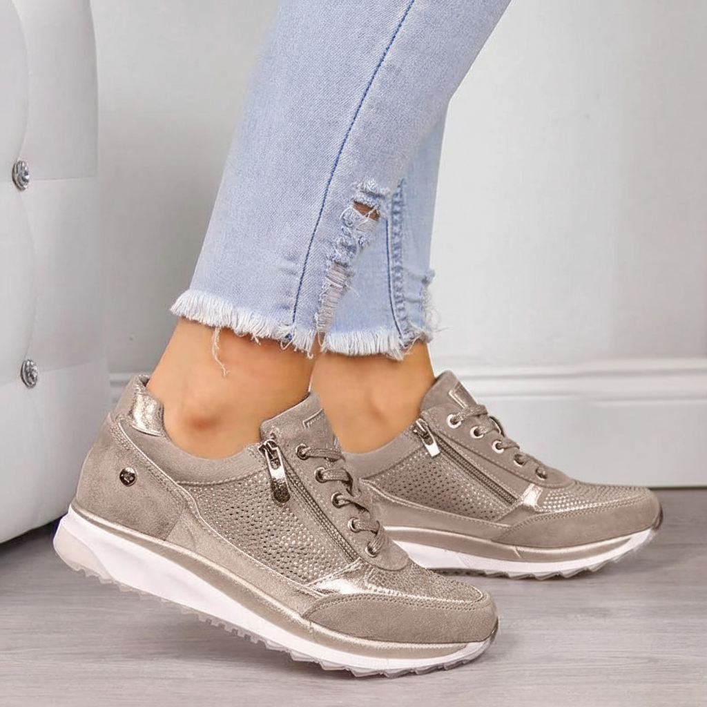 Women's Lace-Up Sneakers, Metallic Panels, Side Zipper