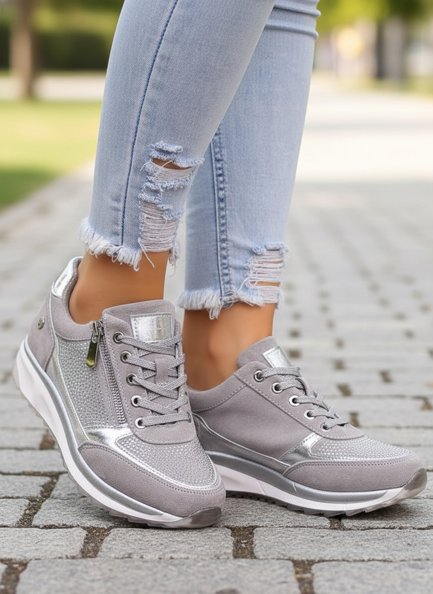 Women's Lace-Up Sneakers, Metallic Panels, Side Zipper