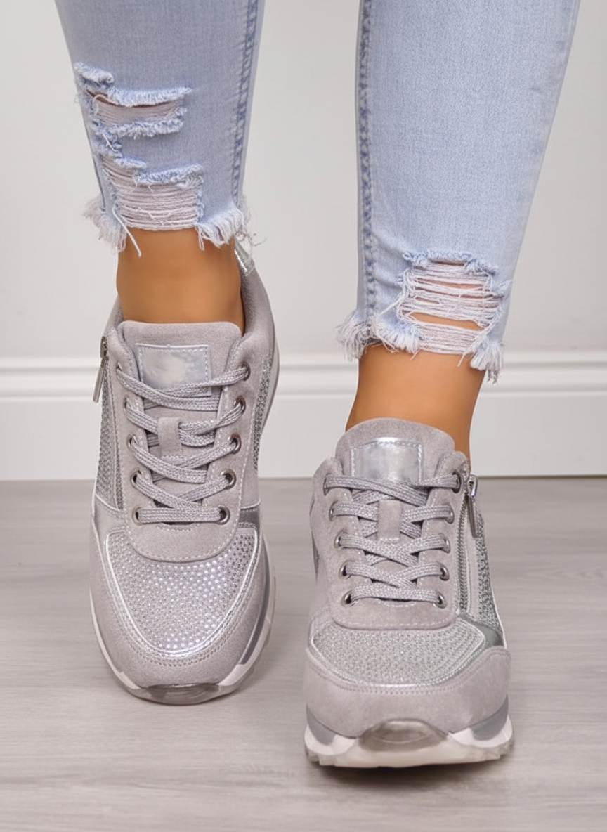 Women's Lace-Up Sneakers, Metallic Panels, Side Zipper