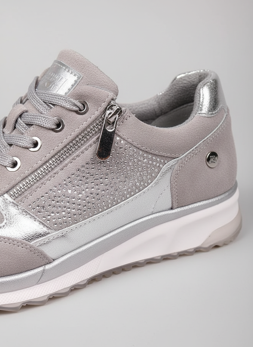 Women's Lace-Up Sneakers, Metallic Panels, Side Zipper