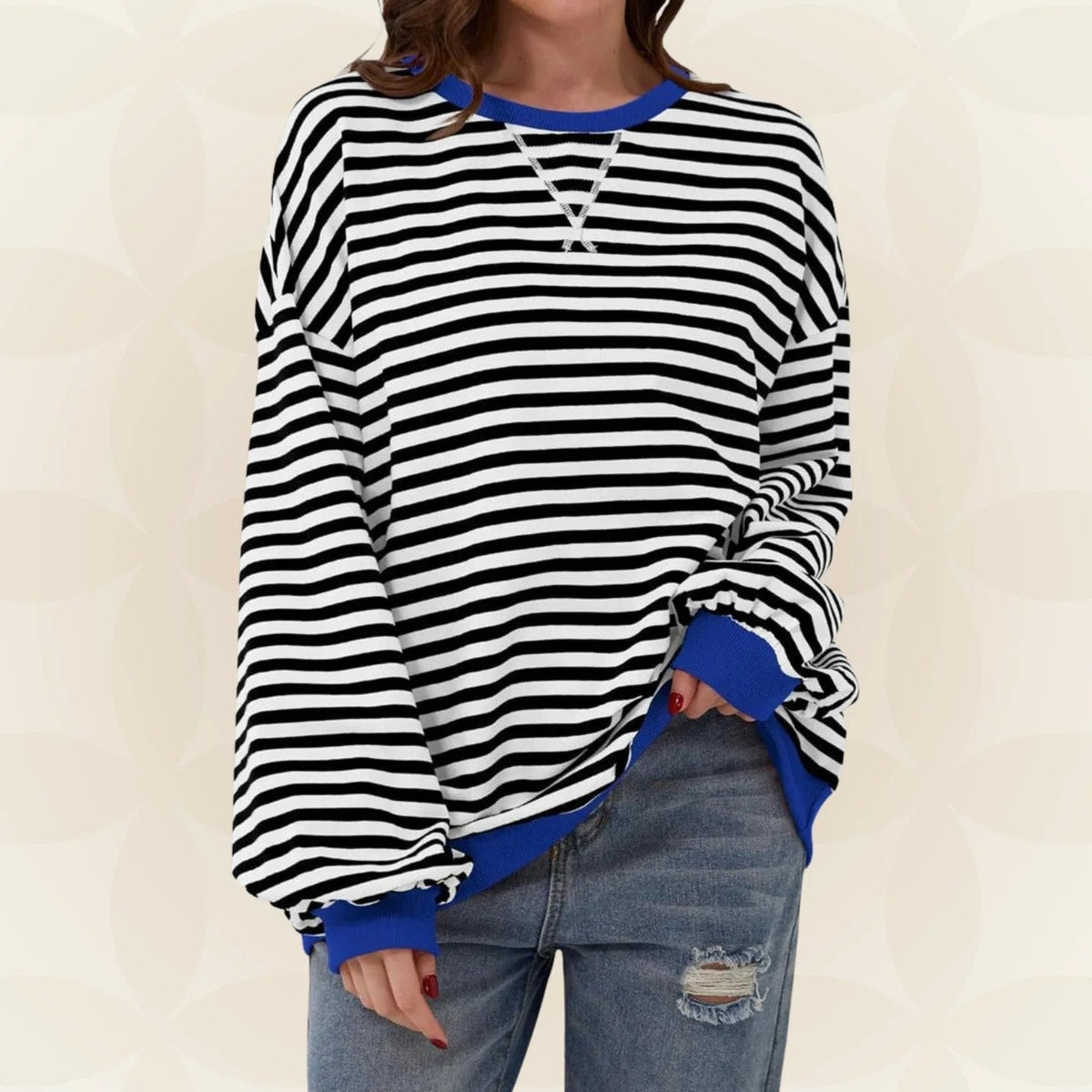 Nicole | Womens Striped Sweatshirt with Contrast Ribbed Trim | Crew Neck, Drop Shoulders | 9 Colors Sizes S-XL