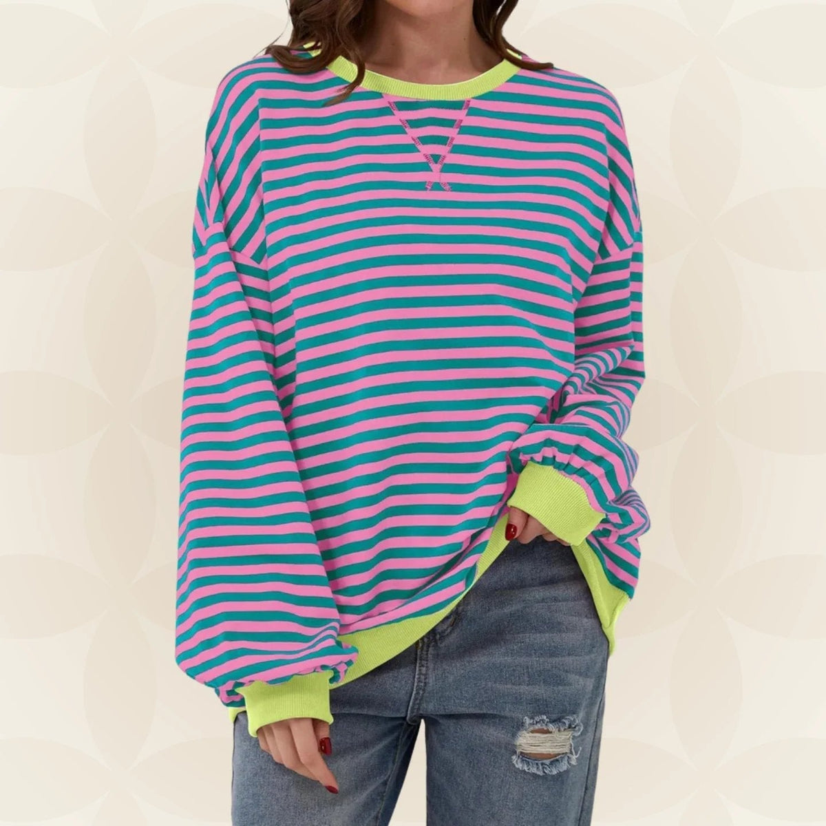 Nicole | Womens Striped Sweatshirt with Contrast Ribbed Trim | Crew Neck, Drop Shoulders | 9 Colors Sizes S-XL
