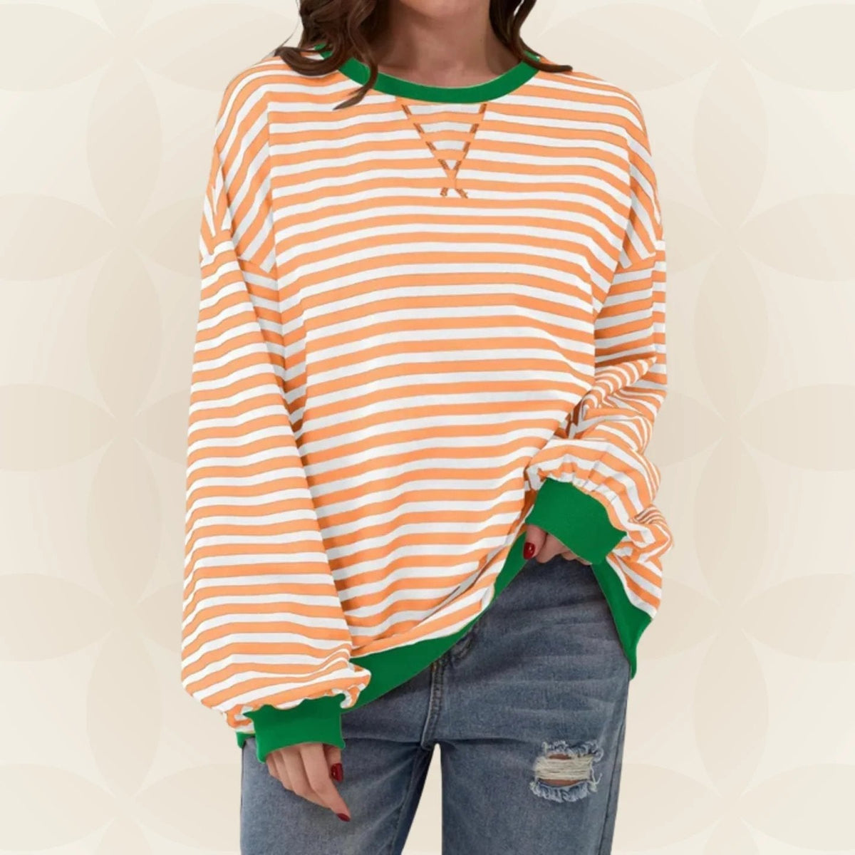 Nicole | Womens Striped Sweatshirt with Contrast Ribbed Trim | Crew Neck, Drop Shoulders | 9 Colors Sizes S-XL