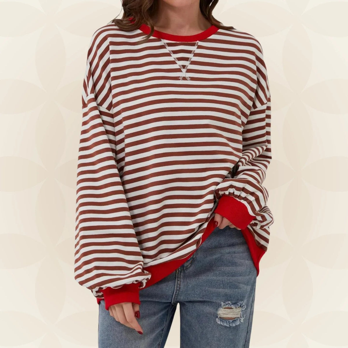 Nicole | Womens Striped Sweatshirt with Contrast Ribbed Trim | Crew Neck, Drop Shoulders | 9 Colors Sizes S-XL