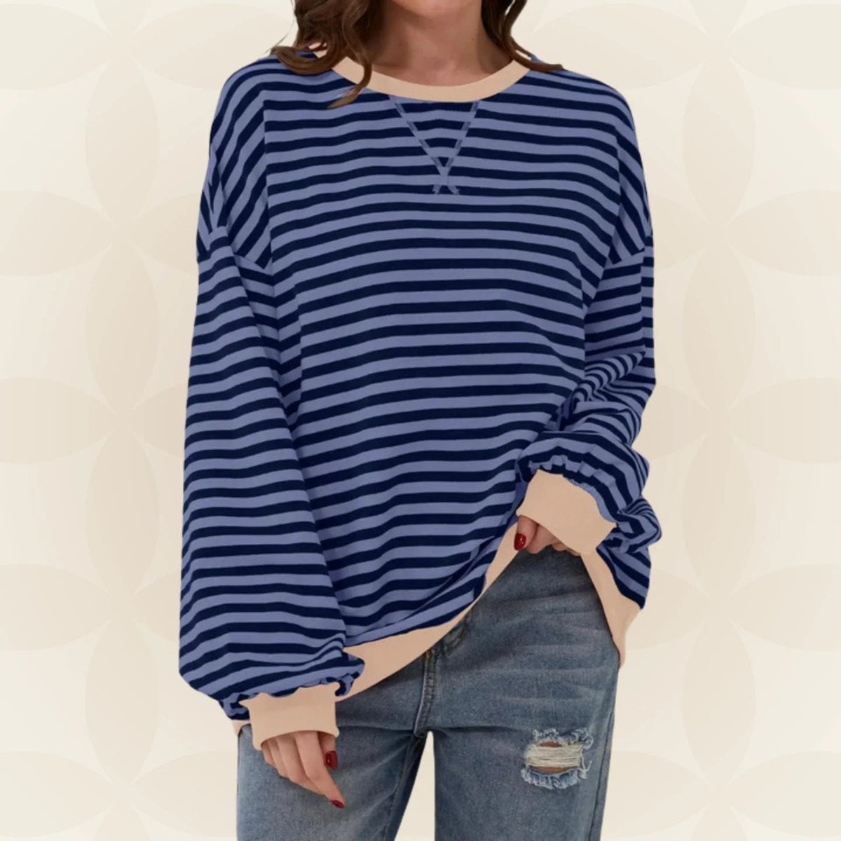 Nicole | Womens Striped Sweatshirt with Contrast Ribbed Trim | Crew Neck, Drop Shoulders | 9 Colors Sizes S-XL