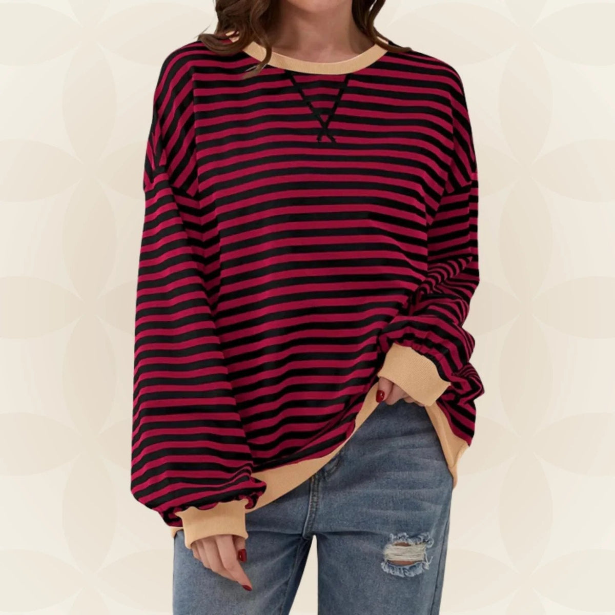 Nicole | Womens Striped Sweatshirt with Contrast Ribbed Trim | Crew Neck, Drop Shoulders | 9 Colors Sizes S-XL