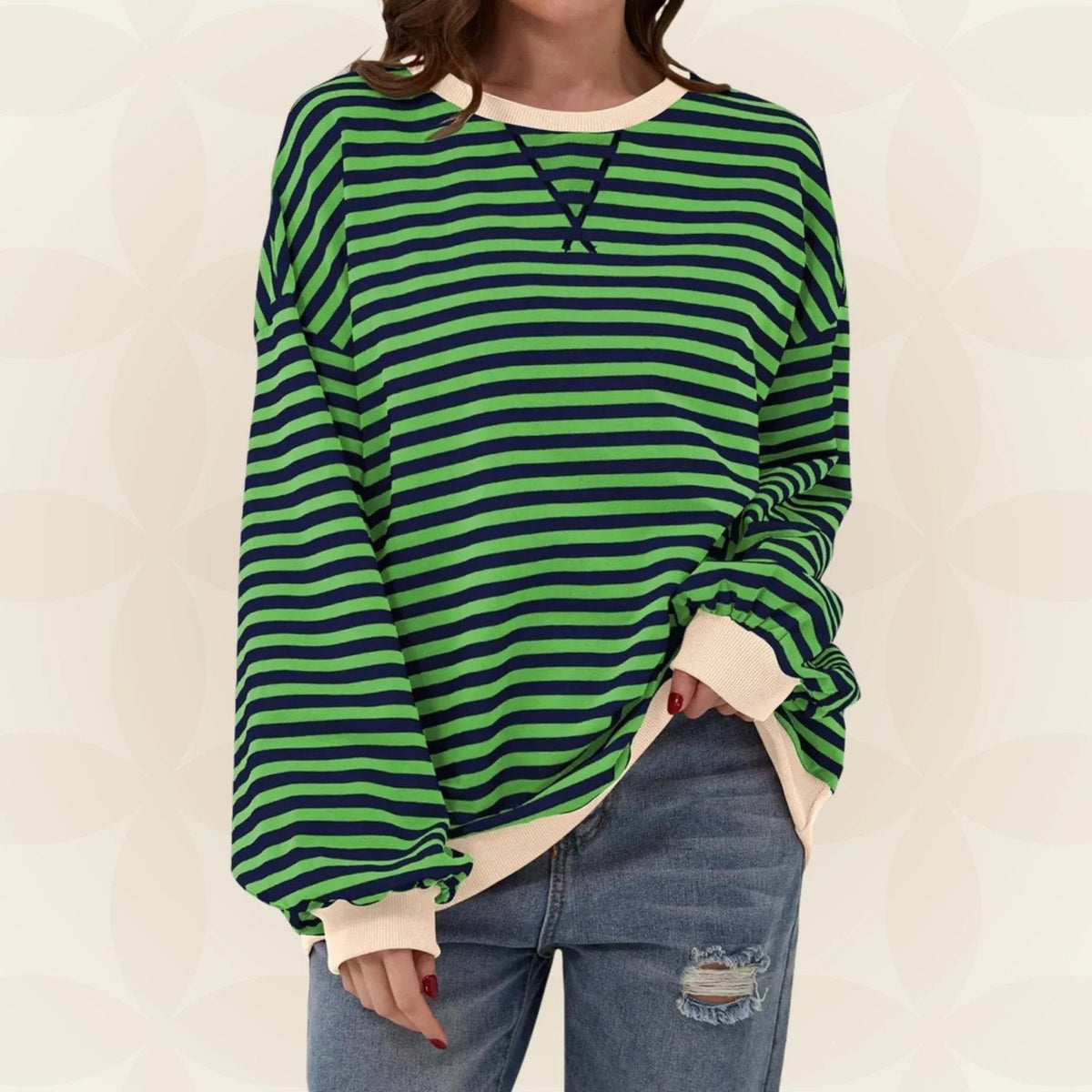 Nicole | Womens Striped Sweatshirt with Contrast Ribbed Trim | Crew Neck, Drop Shoulders | 9 Colors Sizes S-XL