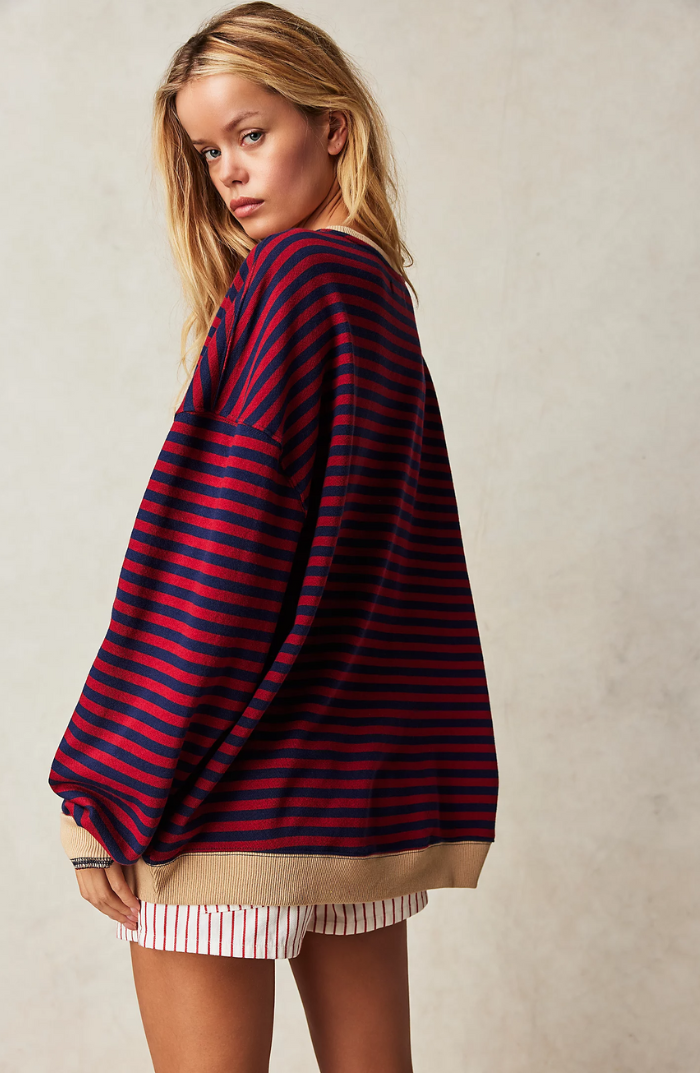Heather | Womens Oversized Striped Sweatshirt with Neon Trim | Drop Shoulders, Boxy Fit | 6 Color Combos S-2XL