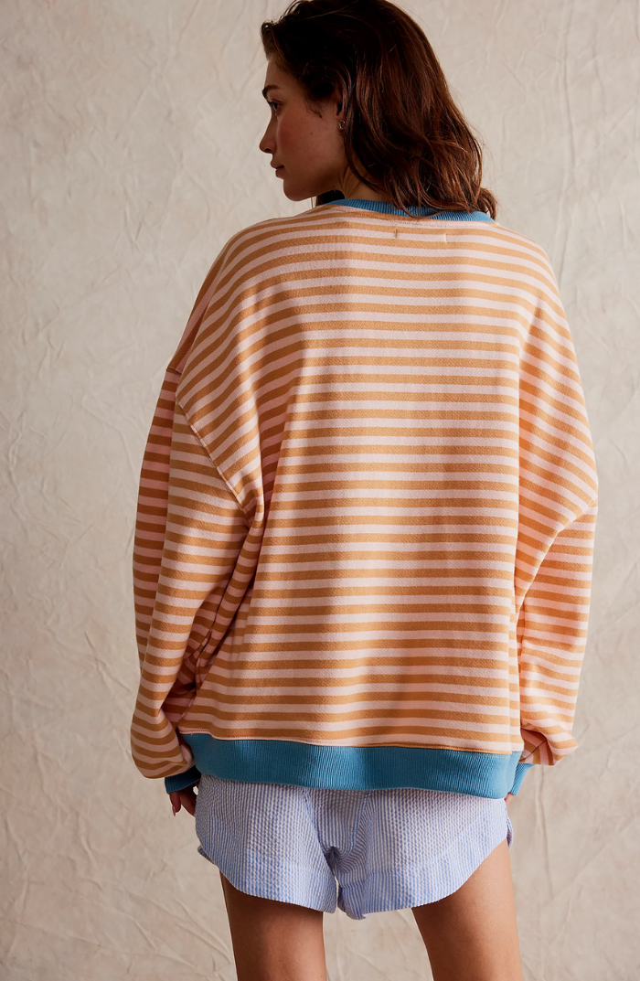 Heather | Womens Oversized Striped Sweatshirt with Neon Trim | Drop Shoulders, Boxy Fit | 6 Color Combos S-2XL