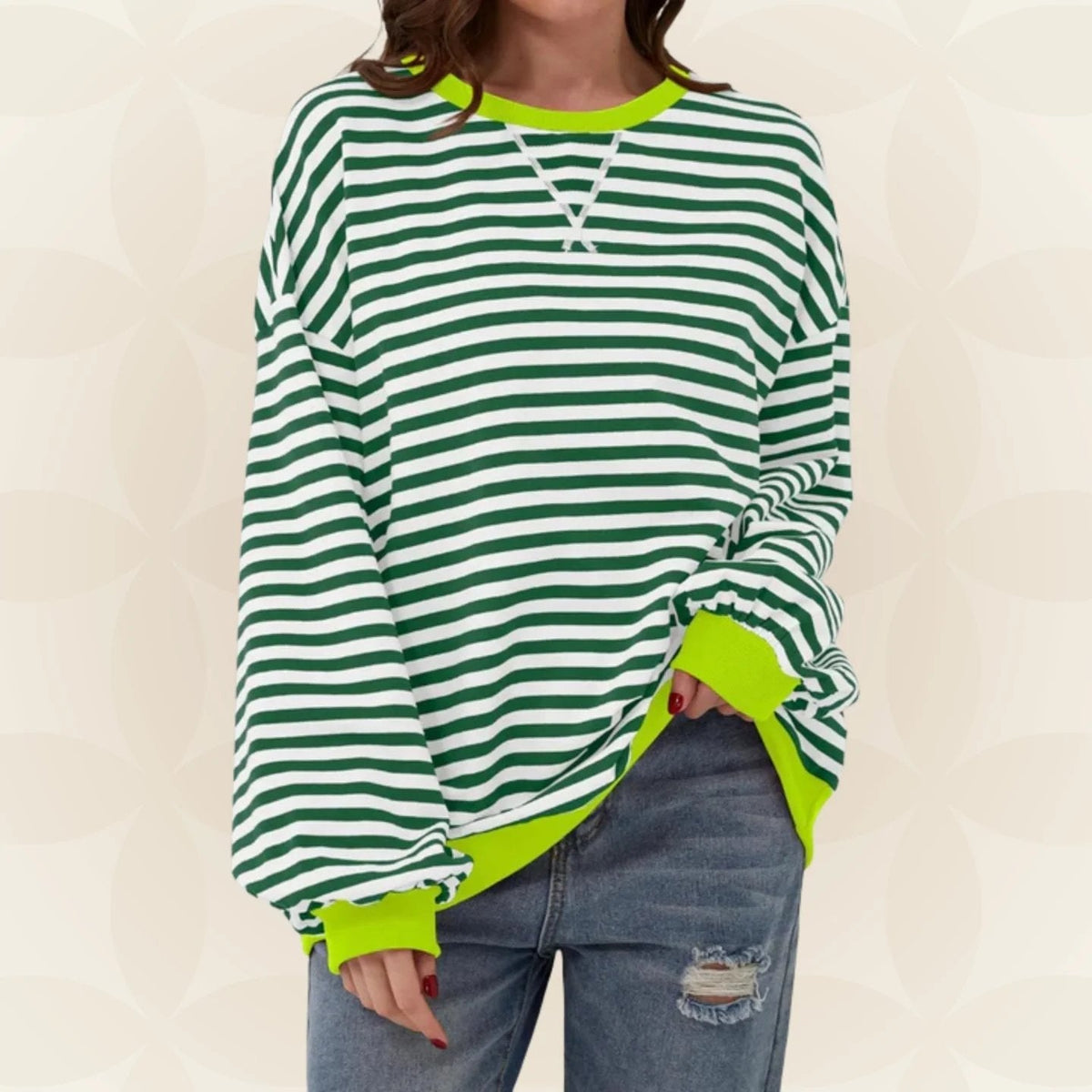 Nicole | Womens Striped Sweatshirt with Contrast Ribbed Trim | Crew Neck, Drop Shoulders | 9 Colors Sizes S-XL