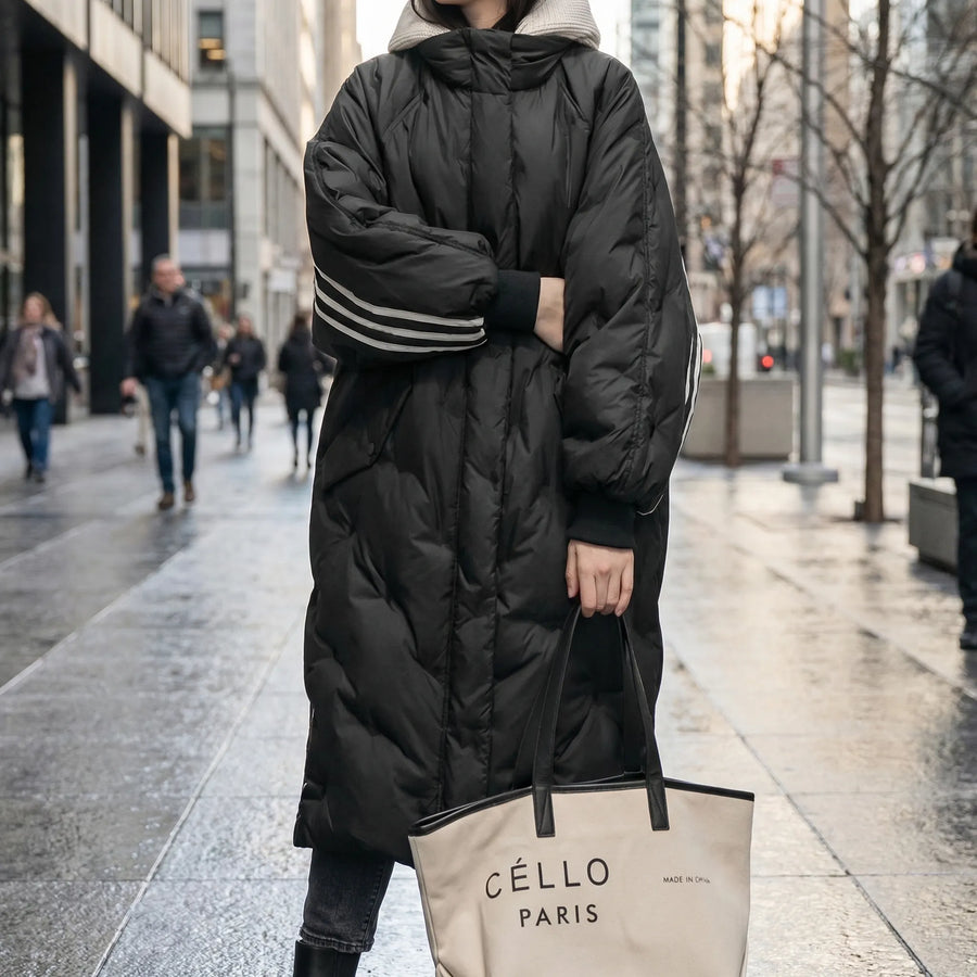 Women's Long Quilted Puffer Coat with Hood and Stripe Detail