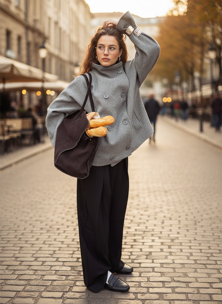 Women's Oversized Wool-Blend Jacket with Stand Collar
