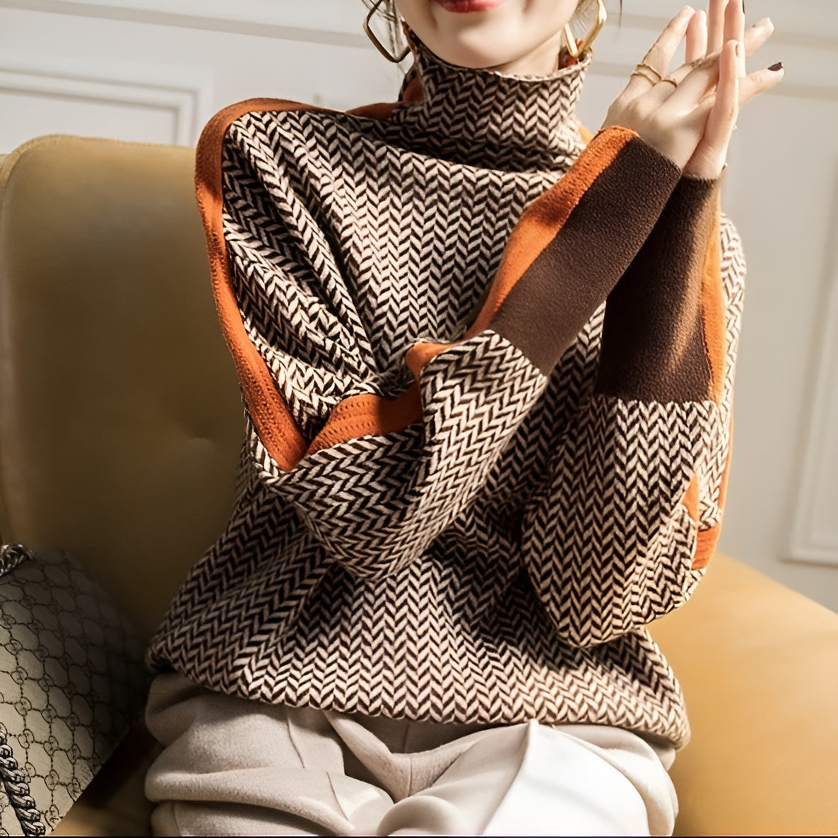 Women's Herringbone Turtleneck Jumper, Long Sleeves