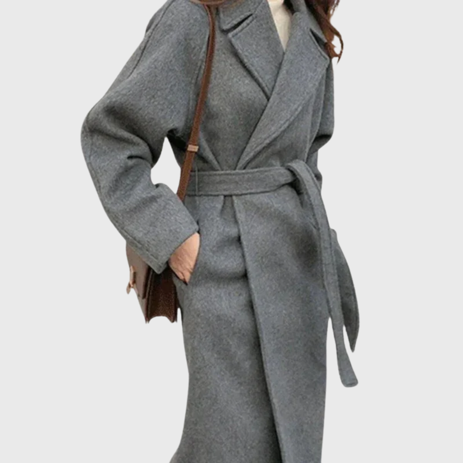 Women's Long Wool Wrap Coat with Tie Belt and Notched Collar