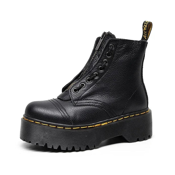 Women's Black Combat Boots, Chunky Platform Sole, Front Zip