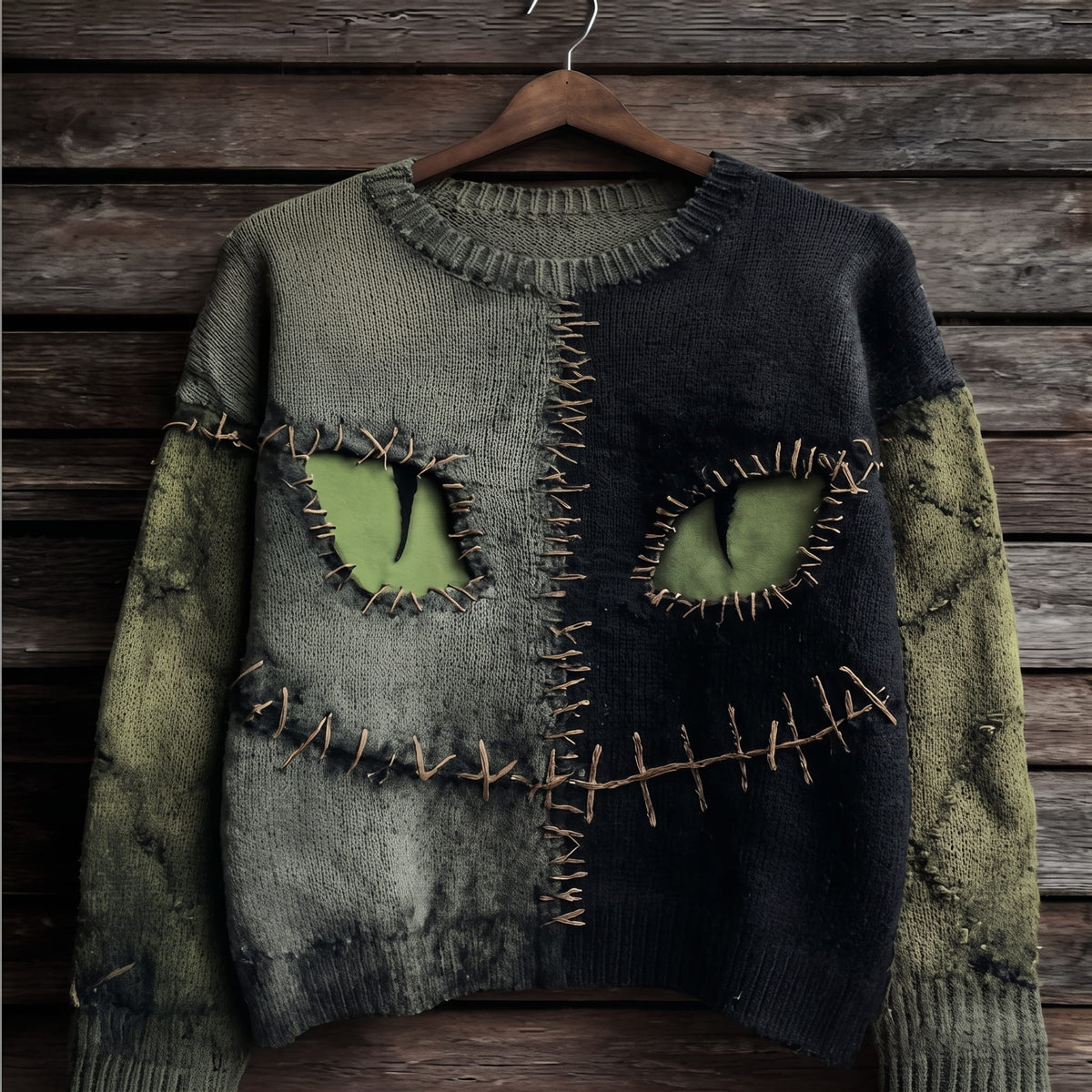 Salem | Women's Distressed Color-Block Cat-Print Crew-Neck Halloween Sweater