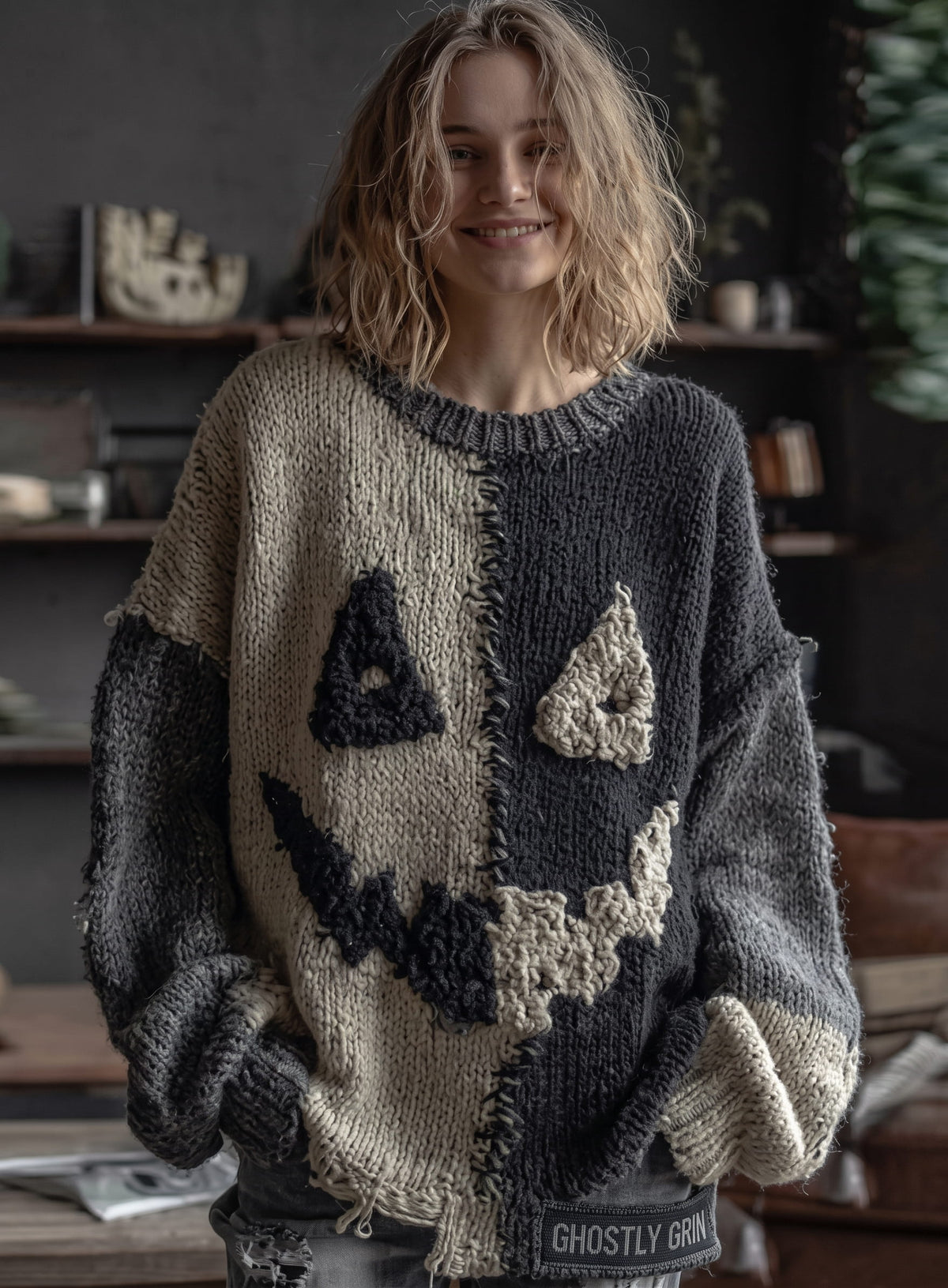 Salem | Women's Distressed Color-Block Cat-Print Crew-Neck Halloween Sweater