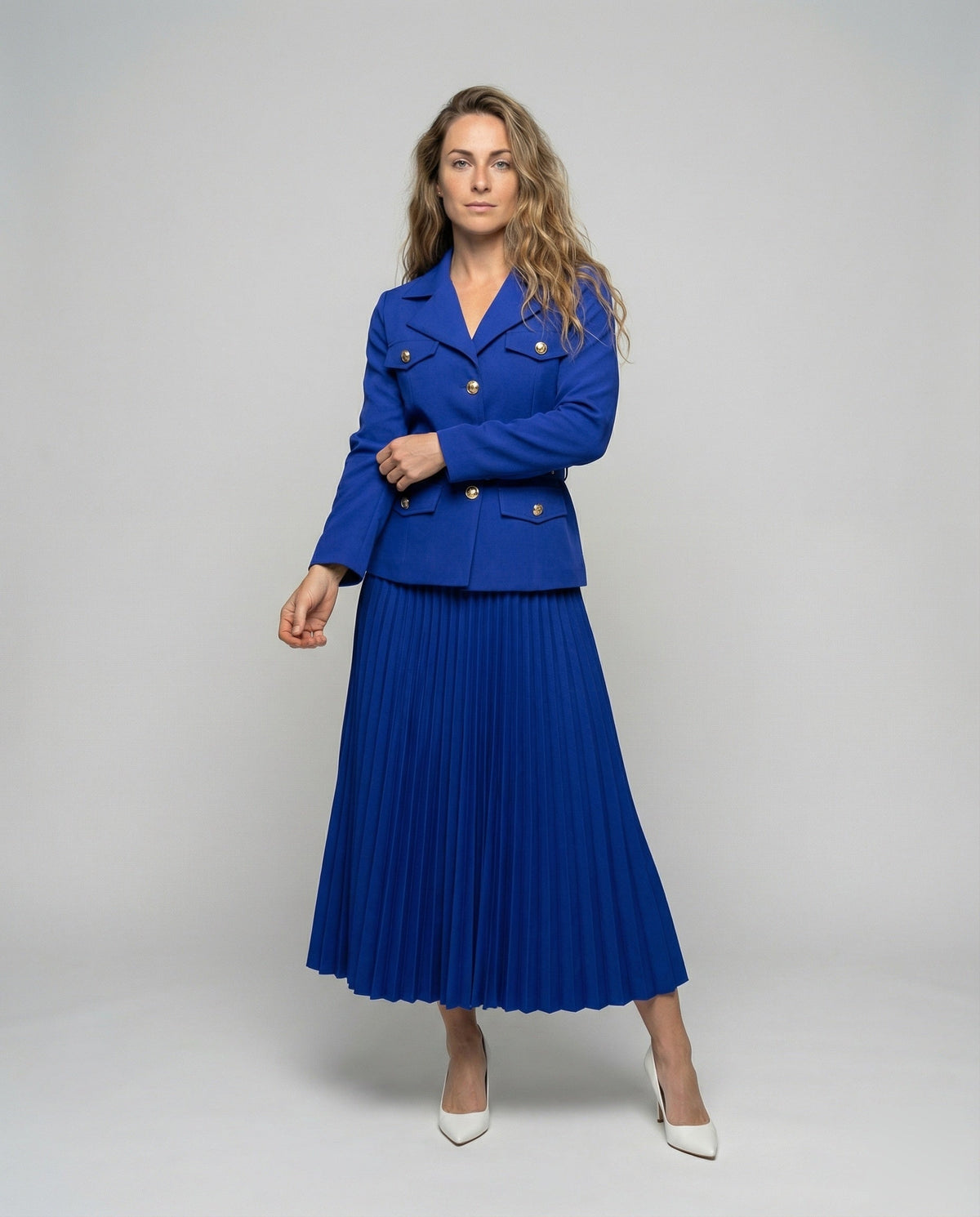 Women's Tailored Blazer Set with Pleated Midi Skirt