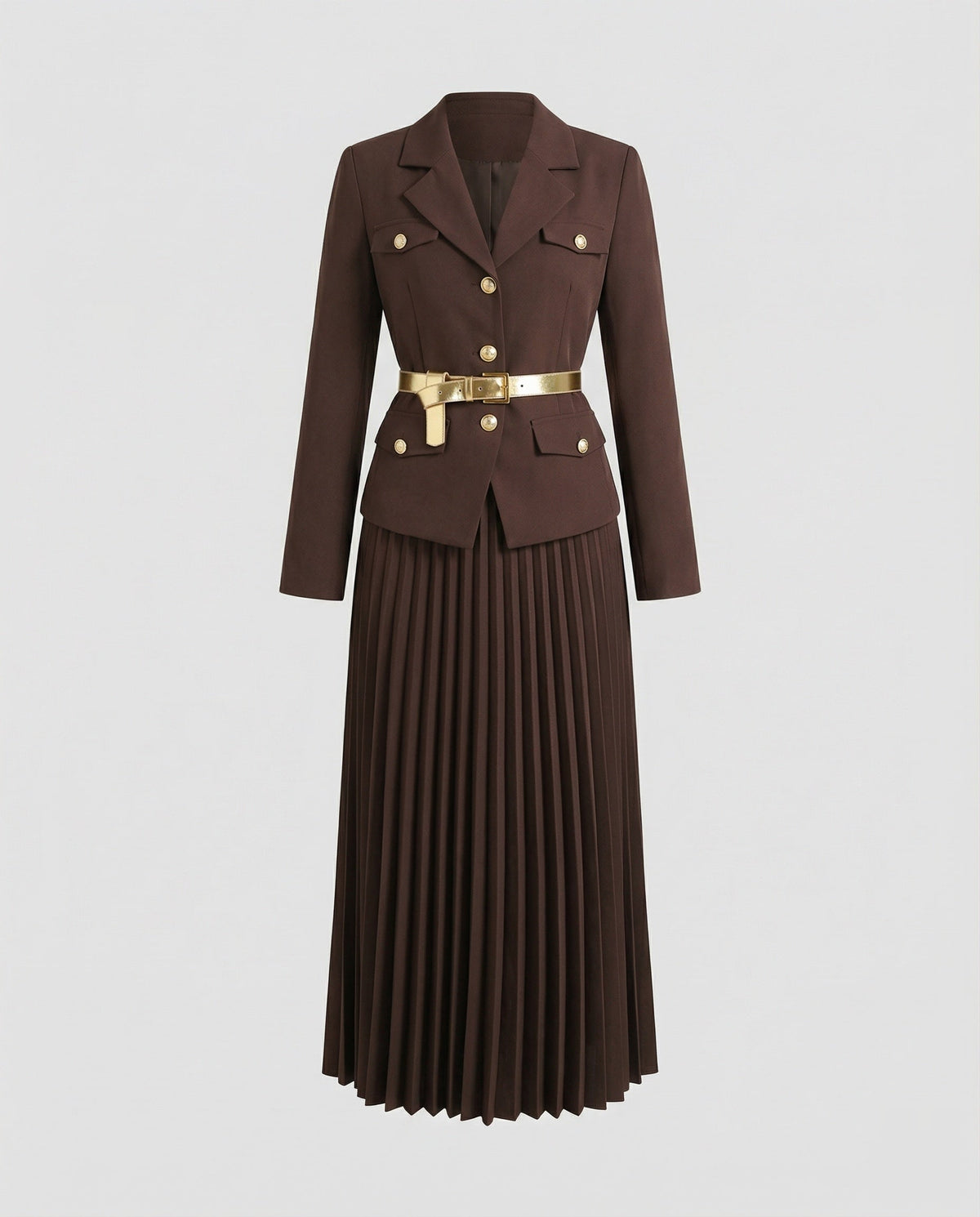 Women's Tailored Blazer Set with Pleated Midi Skirt
