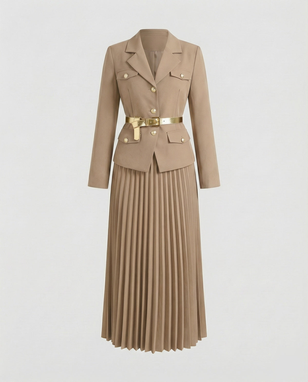 Women's Tailored Blazer Set with Pleated Midi Skirt