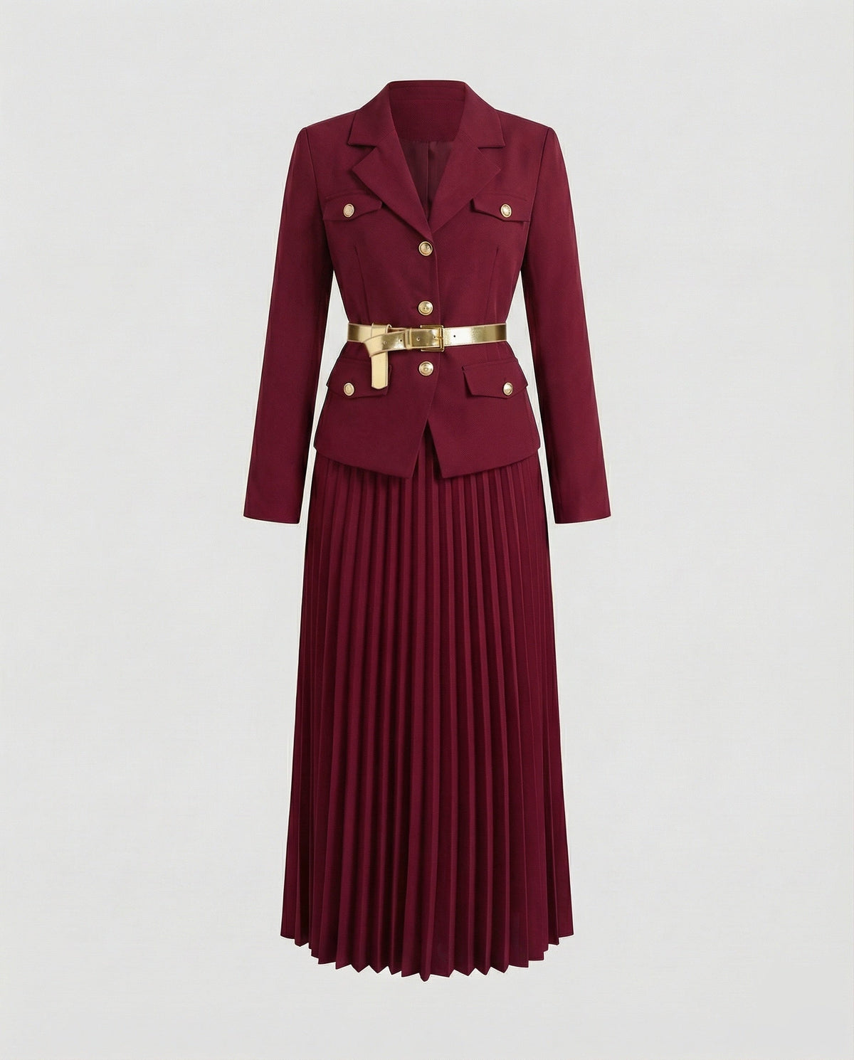 Women's Tailored Blazer Set with Pleated Midi Skirt