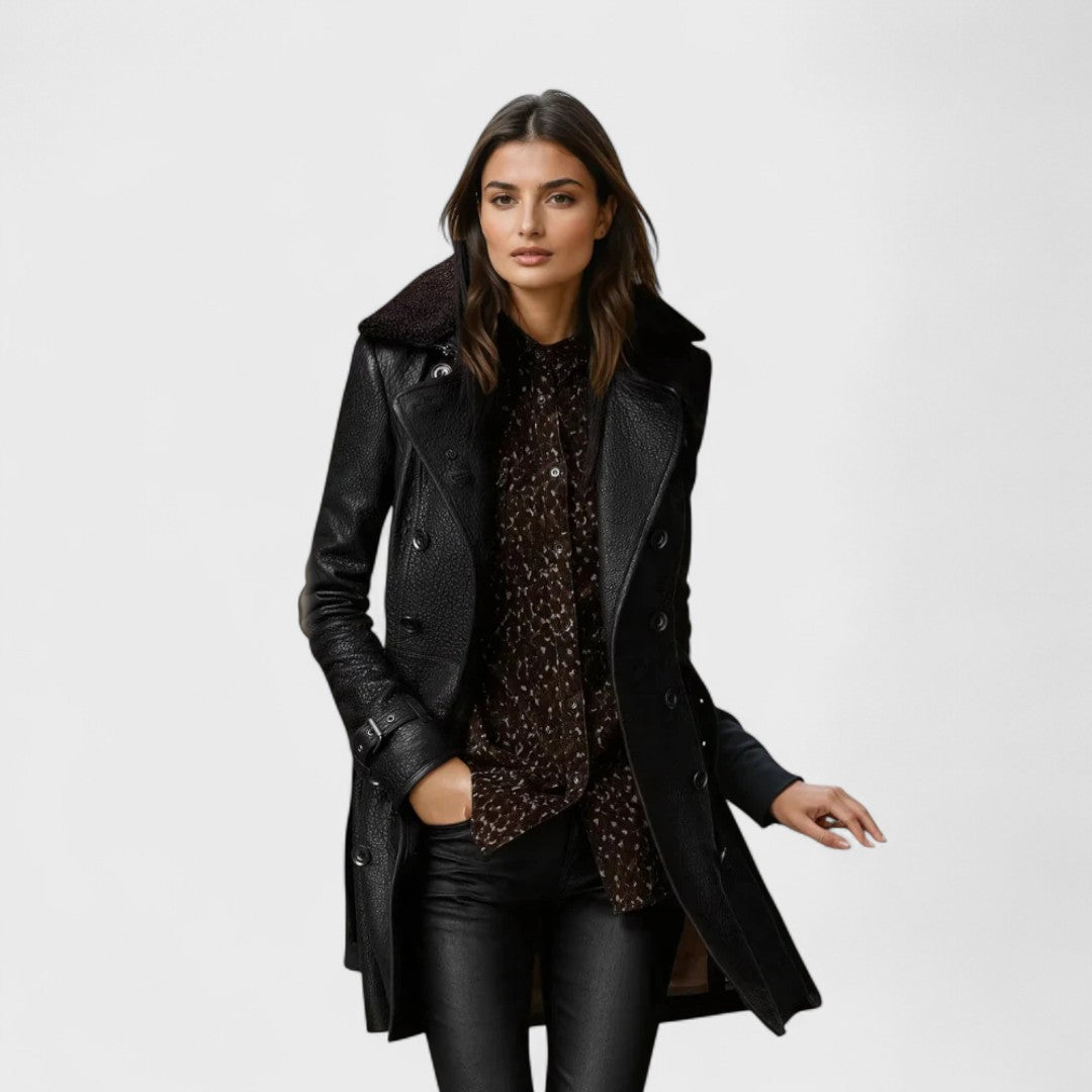 Women's Black Long Coat, Double Breasted, Wide Lapels