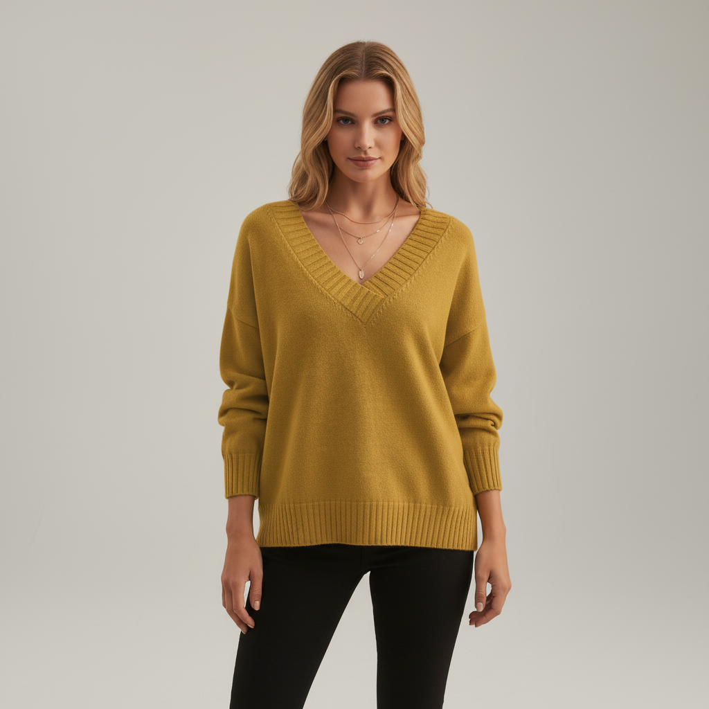 Women's V-Neck Pullover Sweater, Long Sleeves, Ribbed Trim