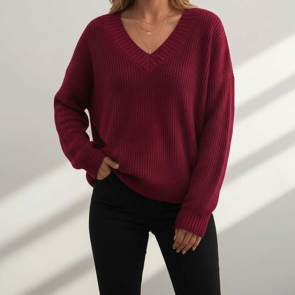 Women's V-Neck Pullover Sweater, Long Sleeves, Ribbed Trim