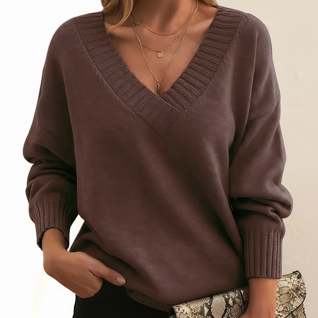 Women's V-Neck Pullover Sweater, Long Sleeves, Ribbed Trim
