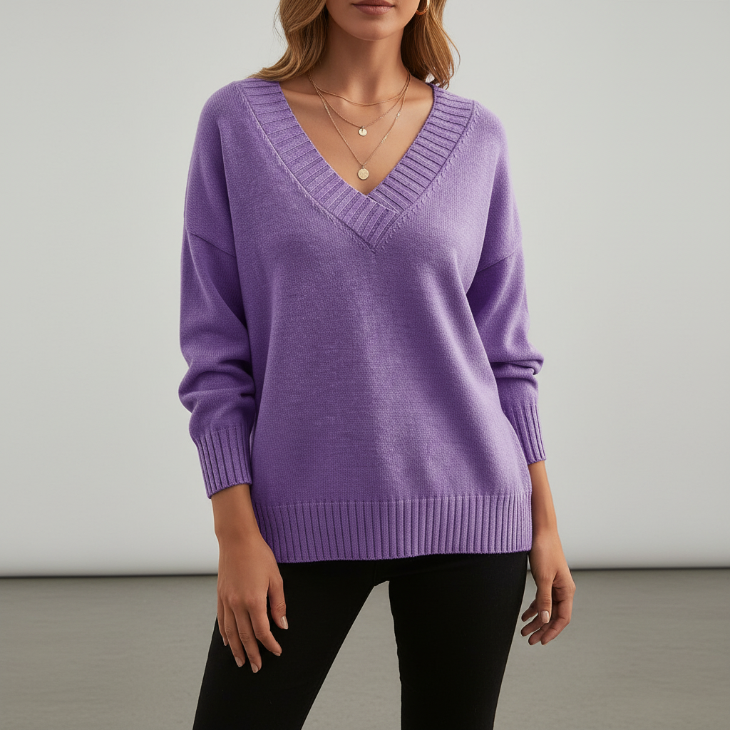 Women's V-Neck Pullover Sweater, Long Sleeves, Ribbed Trim