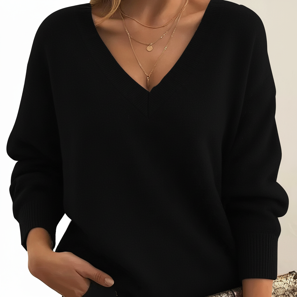 Women's V-Neck Pullover Sweater, Long Sleeves, Ribbed Trim