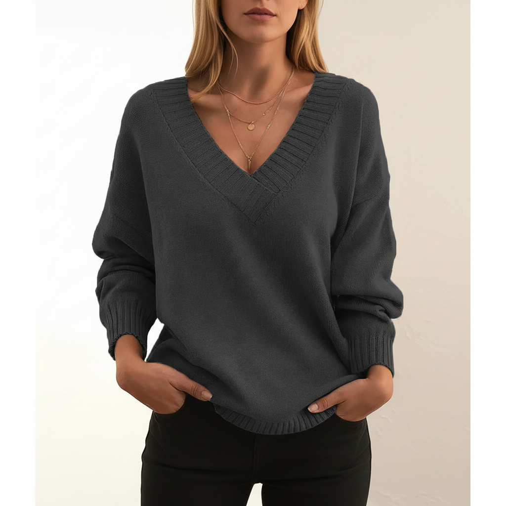 Women's V-Neck Pullover Sweater, Long Sleeves, Ribbed Trim