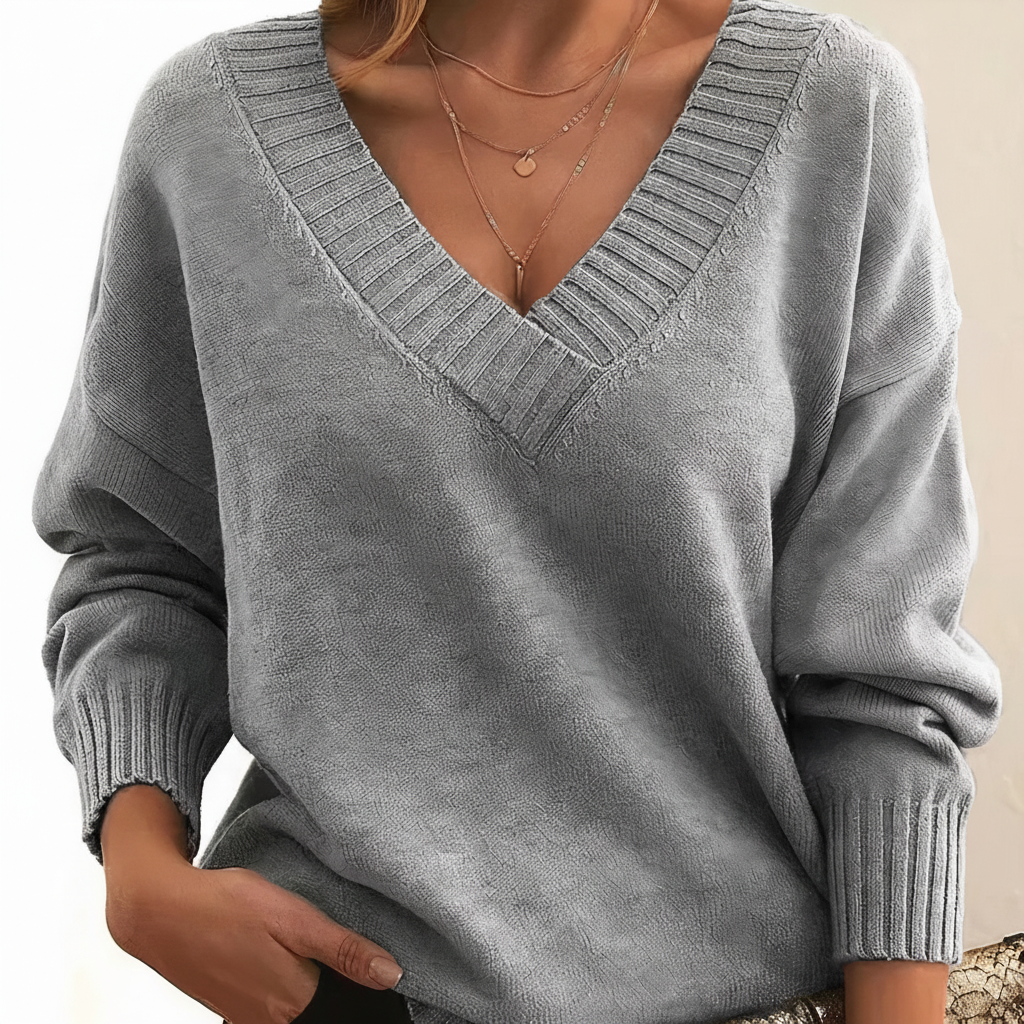 Women's V-Neck Pullover Sweater, Long Sleeves, Ribbed Trim