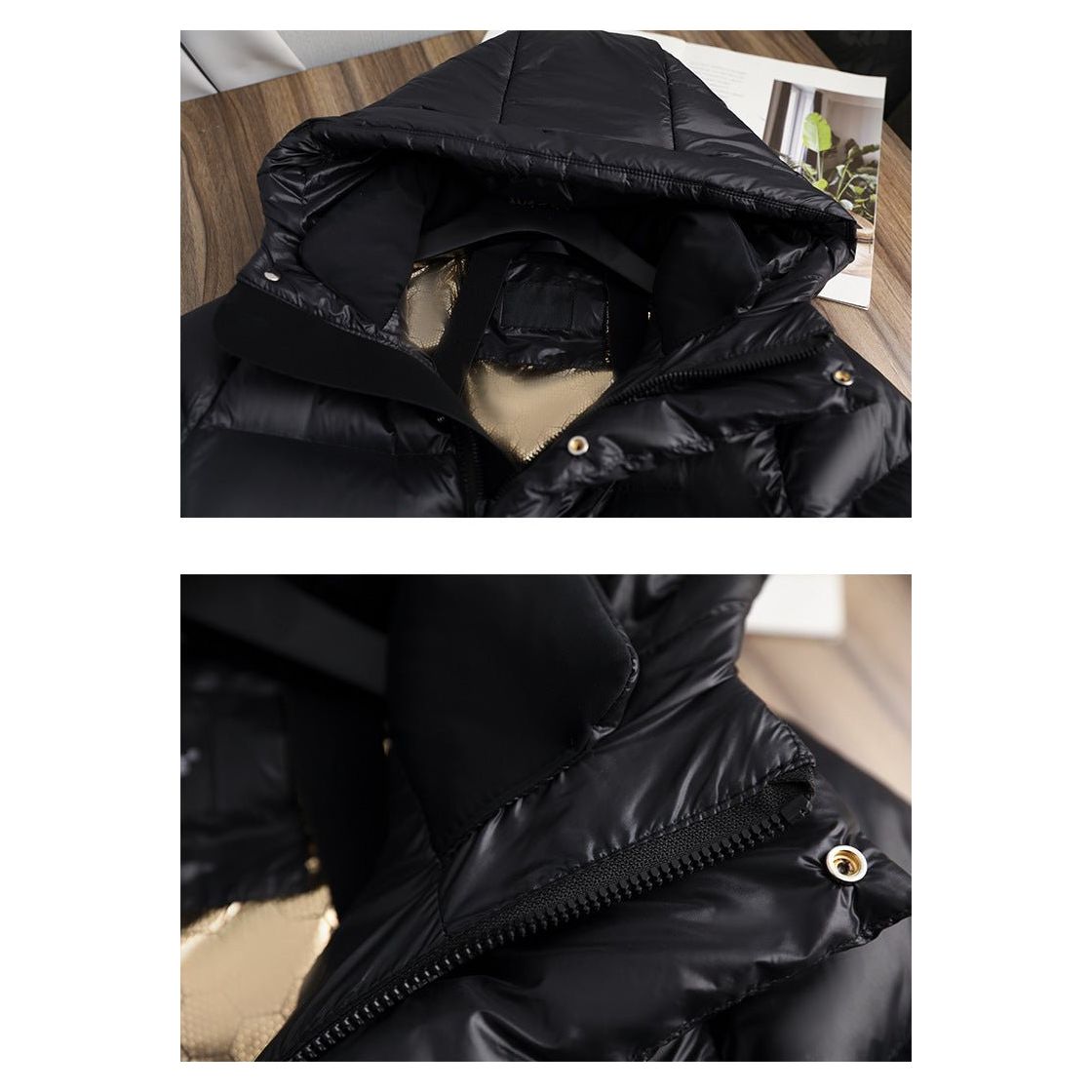 Women's Puffer Jacket with Down Filling and Longline Cut | Hood, Zip Closure, Pockets | For Winter | Size S-2XL | Black