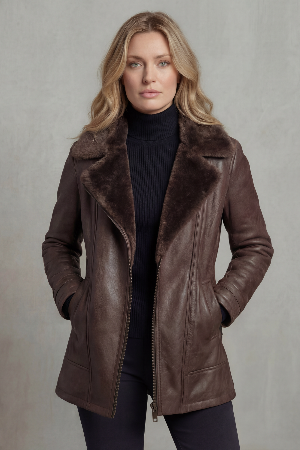 Women's Brown Shearling-Collar Jacket, Long Sleeves, Zip Front